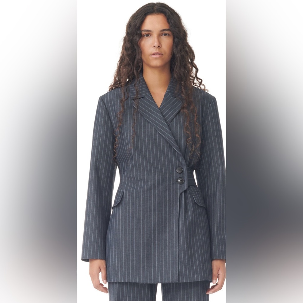 Ganni Navy Pinstripe Double-Breasted Blazer